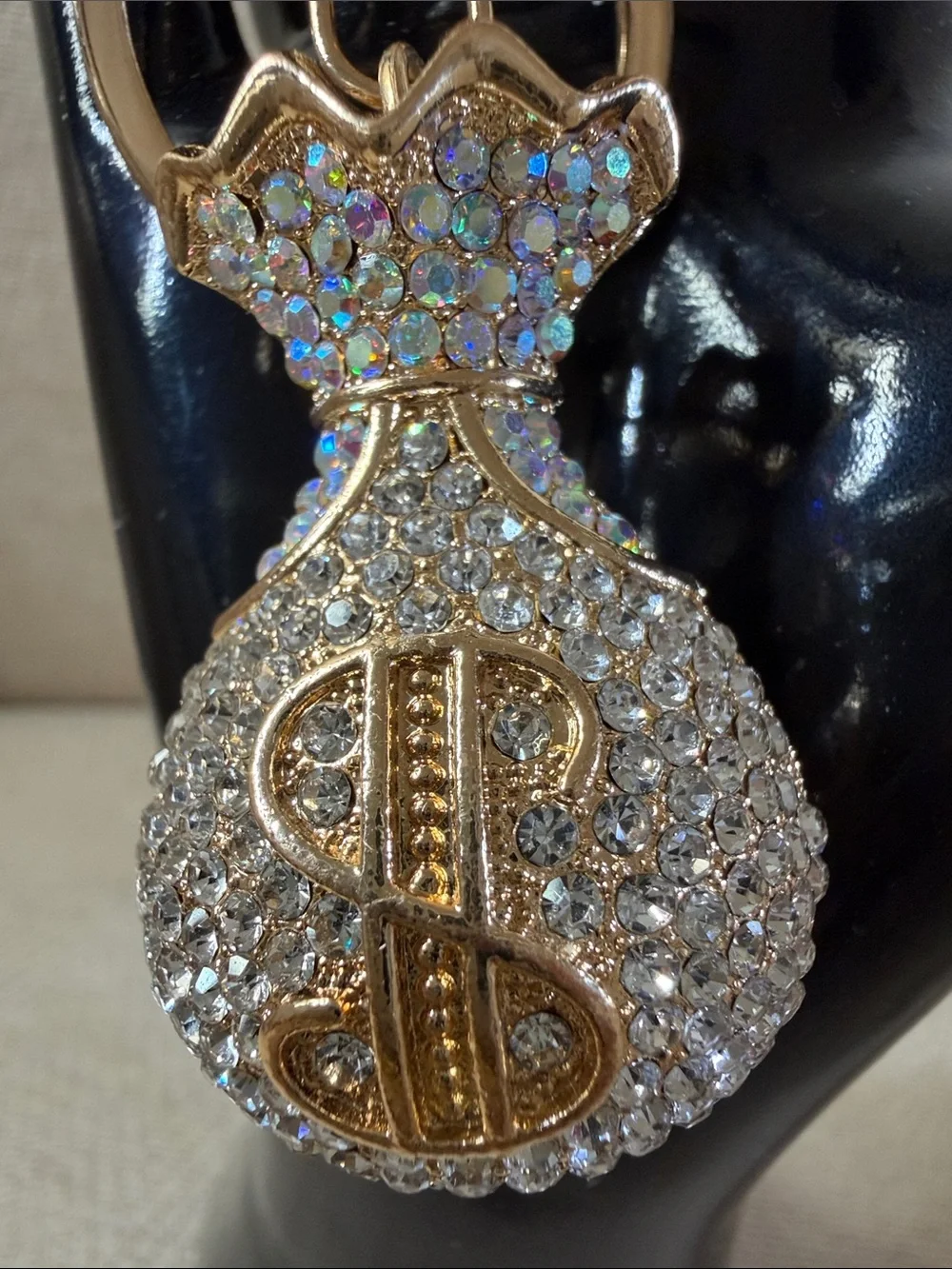 Gold Rhinestone Money Bag Keychain - Sparkling Crystal Accent